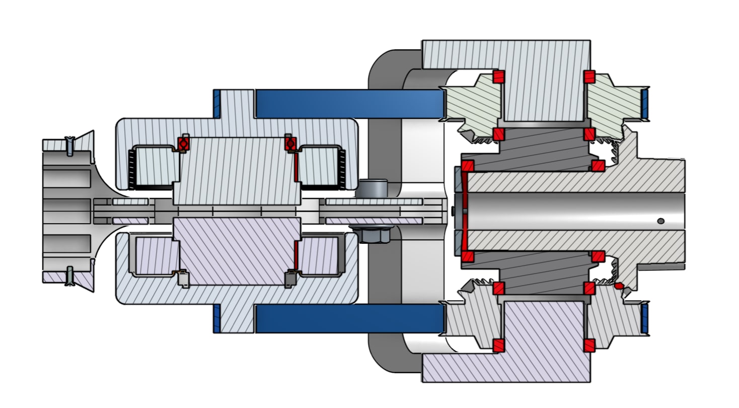 Hatched cross-section CAD drawing of a differential joint module showing the motor, pulleys, bevel gears, and bearings
