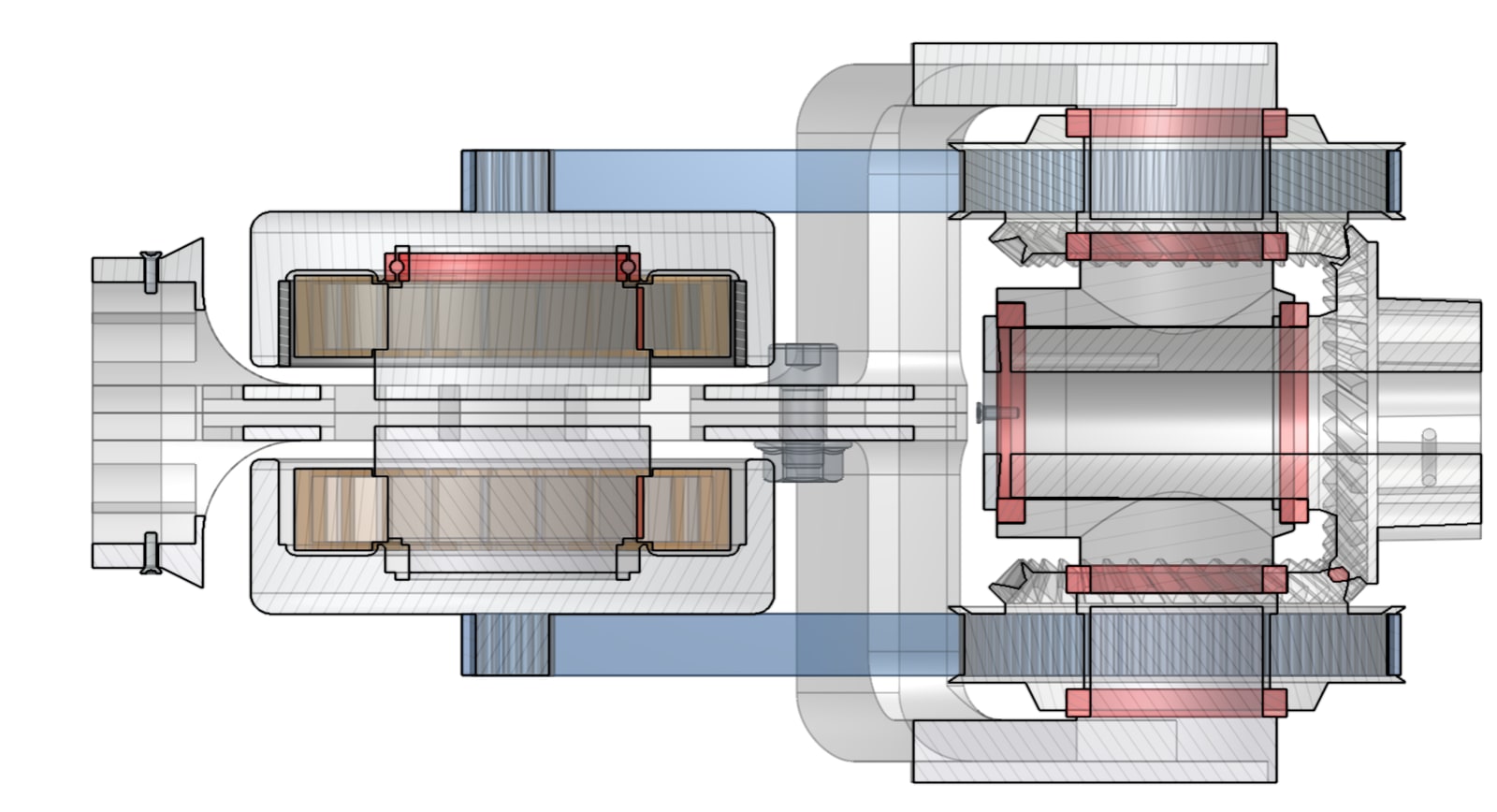 Transparent section CAD view of a differential module showing the motor, belt path, bevel gears, and bearings