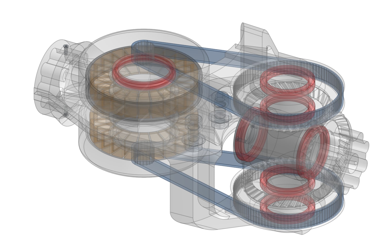 Transparent isometric CAD view of a differential joint module showing the frameless motor, belts, and bearings